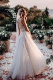 Elegant A Line V Neck Tulle Wedding Dresses with Flowers, V Back Beach Wedding Gowns STI15513