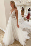 Elegant A line Spaghetti Straps V Neck Tulle Wedding Dresses, Wedding STI20411