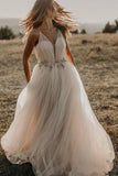 Spaghetti Straps Tulle Deep V-Neck Wedding Dresses, Romantic Bohemian Beach Bridal Dress STI15421