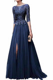 Elegant Lace Floor Length 3/4 Sleeve Tulle Waistband Evening Ball Gowns PPE6LDSP