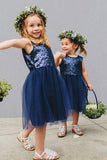 Vintage Navy Blue Sequins Flower Girls Dresses, Short Tulle Birthday Girl Dresses STI15607
