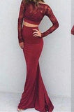 Burgundy Sexy Two Pieces Charming Backless Lace Long Sleeves Evening Dresses