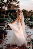 Elegant A Line V Neck Tulle Wedding Dresses With Flowers V Back Beach Wedding STIPEKH2P28