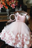 A Line Round Neck Pink Hand Made Flowers Flower Girl Dresses Tulle Wedding Party Dresses STI15019