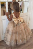 Princess Ball Gown Champagne Sequins Bowknot V Back Flower Girl Dresses STI15291