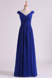 2024 Off The Shoulder Evening Dresses A Line Ruched Bodice Chiffon Floor Length Dark Royal PPGF9N66