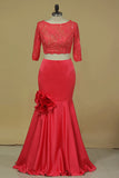2024 Two-Piece Bateau Mermaid Prom Dresses Satin With Beads And P4EGXQJL