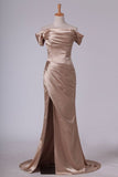 2024 Off The Shoulder Elastic Satin With Slit And Ruffles Sheath Evening P2FTJ4Z4