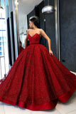 Sparkly Ball Gown Burgundy Strapless Sweetheart Prom Dresses, Long Quinceanera Dresses STI15428