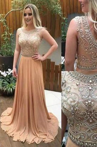 See Through Beaded Long Champagne Scoop Cap Sleeve A-Line Cheap Custom Prom Dresses