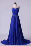 2024 Scoop Prom Dresses A Line Pleated Bodice Chiffon With Beads Dark Royal P5HQ9PMX
