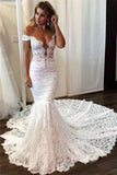Sexy Off the Shoulder Lace Mermaid Ivory Wedding Dresses, Long Bridal Dresses STI15344