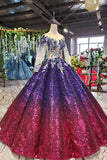 Ball Gown Ombre Sparkly Long Sleeve Sequins Prom Dresses, Quinceanera Dresses STI15066
