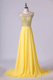 2024 Blusher Prom Dress Scoop Beaded Tulle Bodice Backless Chiffon With Sweep P895LTLX