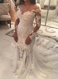 Long Sleeve Sparkly Mermaid V Neck Beads Wedding Dresses With Applique STI15249