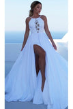 White Backless Long Prom Dress Split Spaghetti Strap Party P3DT8JG8