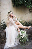 Princess Long Sleeve Lace Top Beach Wedding Dresses With Slit Tulle Ivory Wedding Gowns STI15299