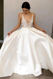 Simple A-Line Deep V Neck Satin Ivory Wedding Dress With Lace STIPR2KHCZB