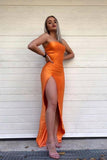 Simple Strapless Mermaid Orange Prom Dresses with High Split, Floor Length Formal Dress STI15402