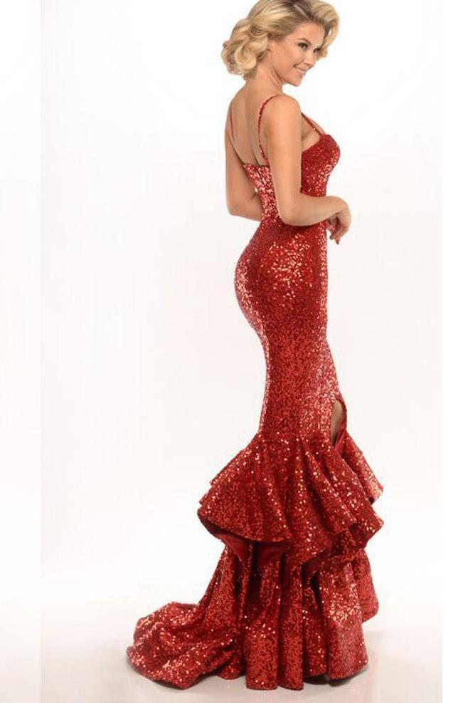 Spaghetti Straps Red Sequin Long Mermaid Front Slit Sparkle Long Prom Dresses