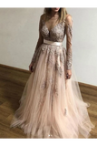 Sheer Round Neck Appliques Long Sleeves Tulle Prom Party STIP3AF4A68