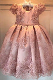 Princess Ball Gown Round Neck Pink Beads Flower Girl Dresses with Appliques STI15587