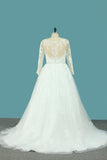 2024 A Line Tulle V Neck Long Sleeves Wedding Dresses With Applique And Beads PDQ6Z4KG