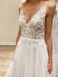 Elegant A line Spaghetti Straps V Neck Tulle Wedding Dresses, Wedding STI15639
