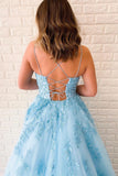 Unique A-Line Sky Blue Tulle Appliques Beads Scoop Prom Dresses with Lace STI20453
