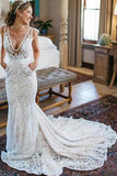 V-Neck Ivory Lace Long Mermaid Elegant Wedding Dresses PNSZB1P7