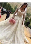 V-Neck Long Sleeves Ball Gown Wedding Dress With Appliques STIP2F2SCZH