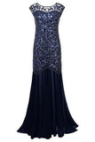 Navy Blue Sequin Gatsby Maxi Long Evening Prom Dresses