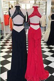 Charming Halter Red and Black Beaded Sleeveless A-Line Open Back Sexy Prom Dresses