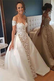 Pretty Of The Shoulder Lace Satin Long Wedding Dresses PMMY8GCE
