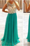 Sexy Backless Chiffon Long Scoop Beads Cap Sleeve A-Line Prom Dresses