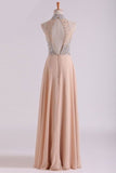 2024 High Neck Prom Dresses A Line Chiffon With Beading Sweep PHHNSF3P