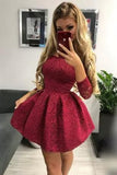 Cute Off the Shoulder Long Sleeves Burgundy Lace Homecoming Dresses Sweet 16 Dresses STI14972