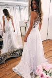 A Line V Neck Sleeveless Lace Wedding Dress Long Bridal Dress With STIP7LAJH3P