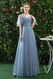 A Line V Neck Tulle Blue Cheap Prom Dress, Long Floor Length Bridesmaid Dresses STI15044