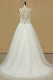 2024 Halter Wedding Dresses A Line Open Back Tulle With Emroidery PZNSSX28