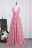 2024 V Neck A Line Tulle & Lace Prom Dresses P3H39DT4