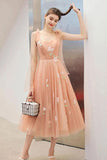 Cute Tea Length A Line Pink Short Prom Dress Sweet 16 Dresses with Hand Made Flower STI15138