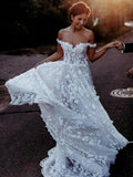 A Line Sweetheart Off the Shoulder Tulle Ivory Long Wedding Dresses with Appliques STI15557