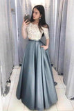 2 Pieces Long Lace Satin A-Line Elegant Prom Dresses PSKYQFHG