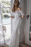 2 Pieces Ivory Lace Mermaid Off the Shoulder Wedding Dresses, Beach Wedding Gowns STI14986
