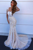 Charming Mermaid Square Neck Straps Lace Wedding Dresses, Bridal STI20403