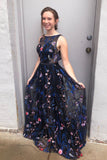 Gorgeous A Line Bateau Blue Floral Tulle Long Prom Dresses, Cheap Formal Dresses STI15234