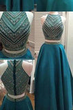 Two Pieces Beaded Crew Neck Prom Dress-Zipper-up Satin Long Prom Dresses