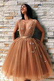 Ball Gown Tulle V Neck Homecoming Dresses with Appliques, Short Prom STI15620