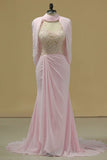 2024 Hot High Neck Prom Dresses Beaded Bodice Chiffon Sweep PPM8T6XR